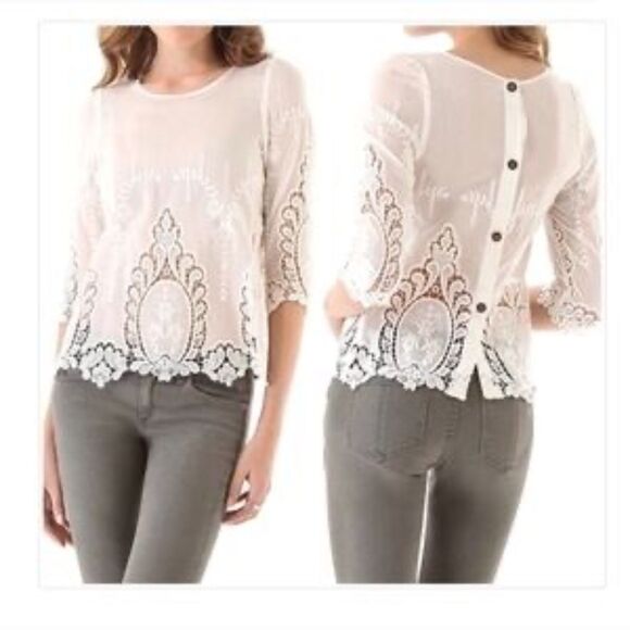 NWOT Aratta Embellished Embroidered Lace Button Back 3/4 Sleeve Blouse in Ivory - Picture 2 of 11